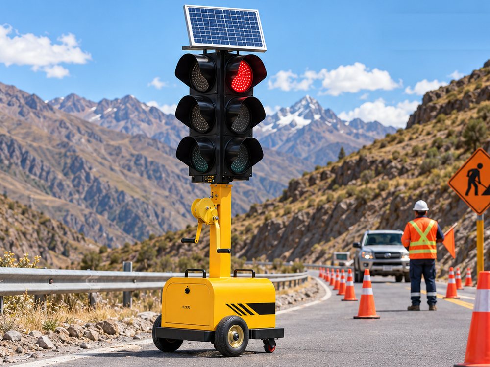Semáforo solar portátil en obra vial de montaña